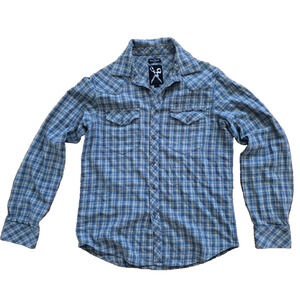 Marc Ecko Shirt Mens Medium Navy Plaid Long Sleeve medium A001237